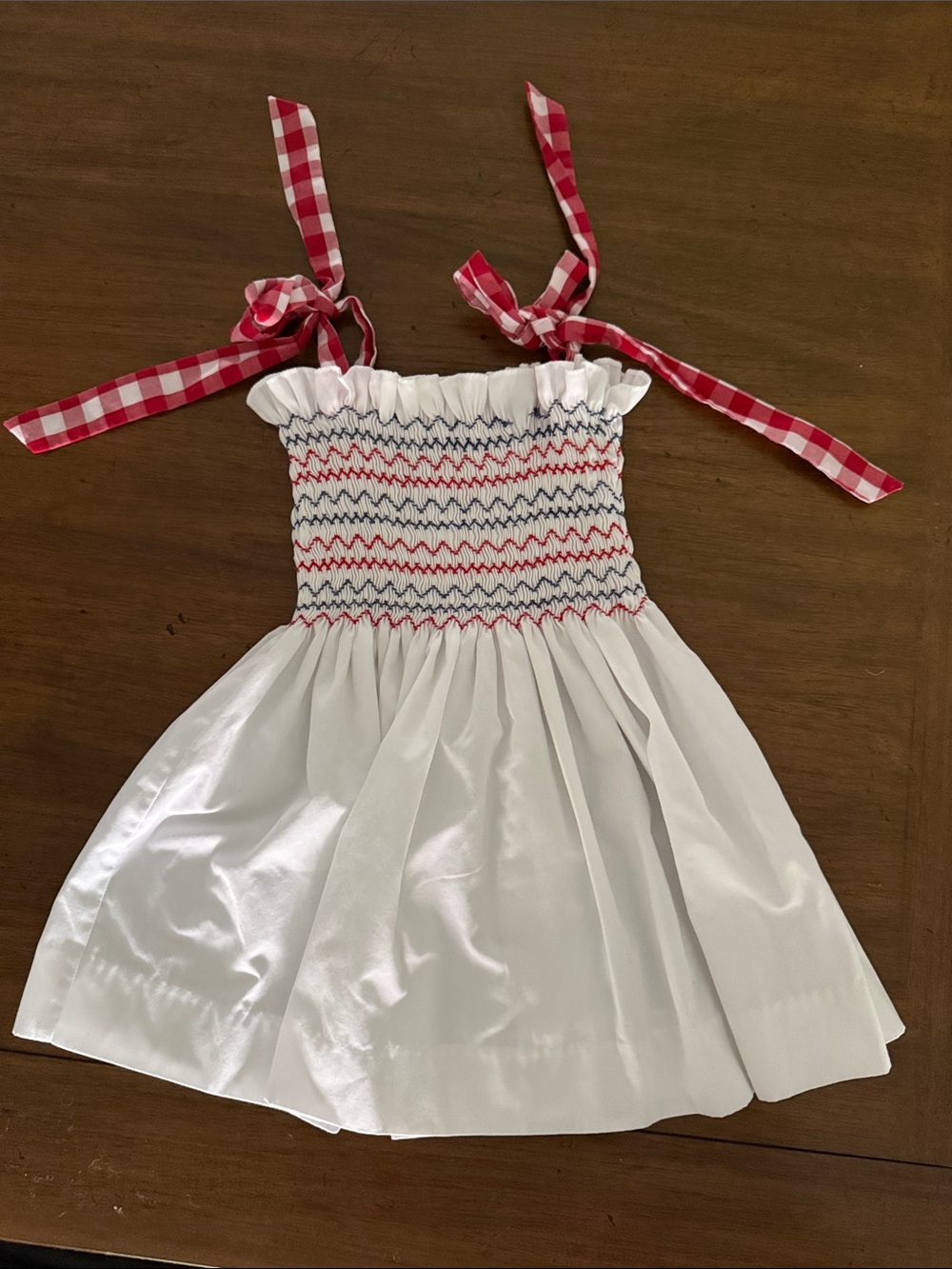 Stitchy Fish Red White and Blue Sundress with Red Gingham Tie Straps